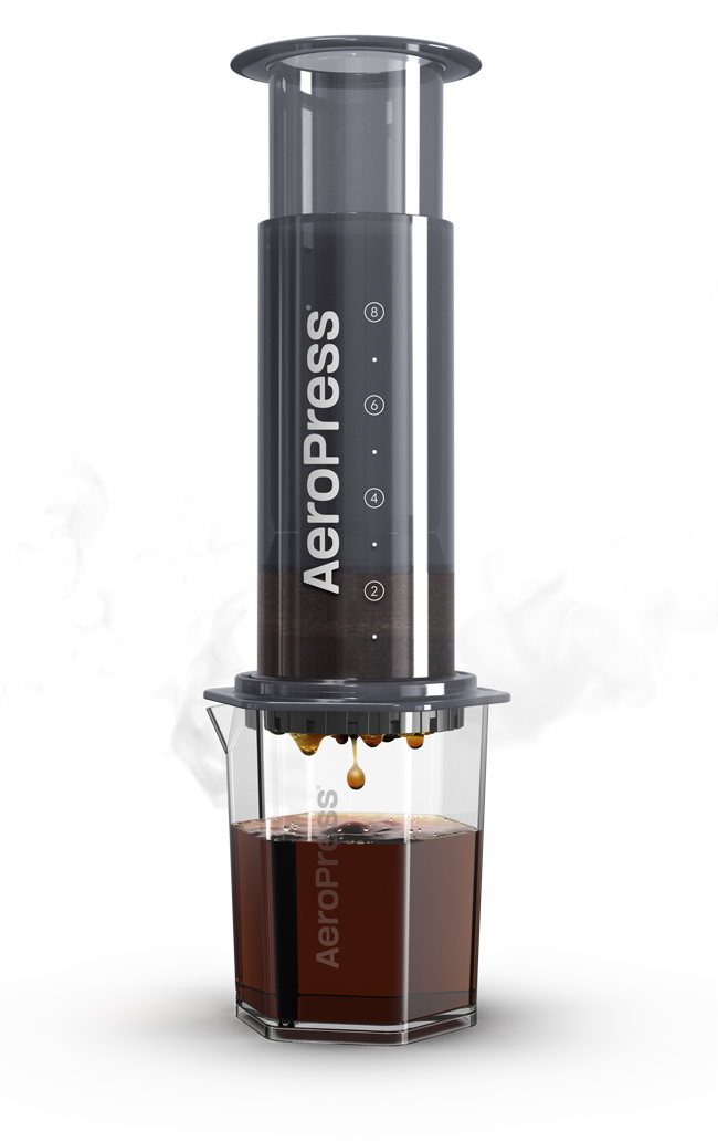  AeroPress XL coffee maker with a carafe of brewed coffee on a white background 