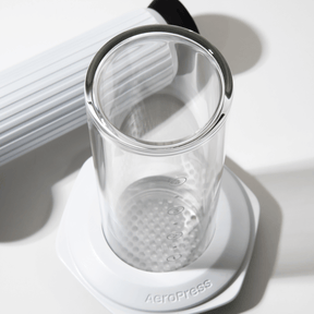 Clear glass chamber with AeroPress on a white background #color_white