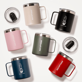 Collection of AeroPress insulated mugs in various colors on a white background #color_green