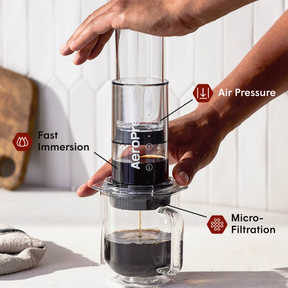 A person using an AeroPress Clear coffee maker with labeled features in a kitchen #color_red