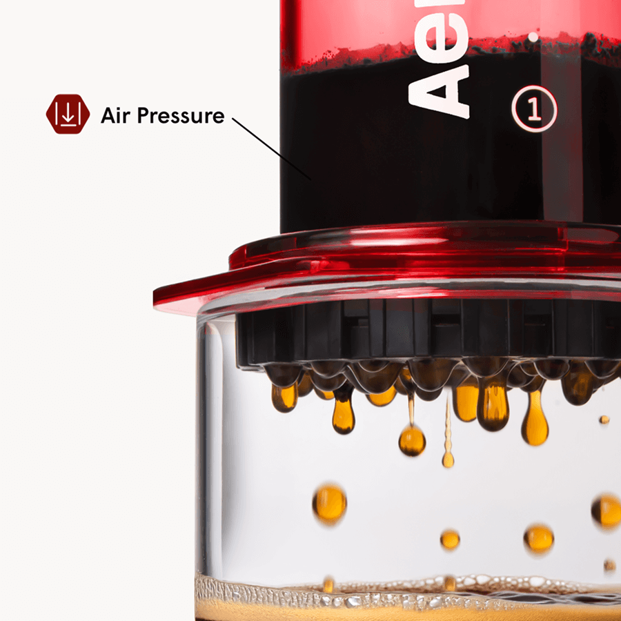 Close-up of a coffee brewing device with air pressure indicated, featuring the brand 'Ae.' #color_red