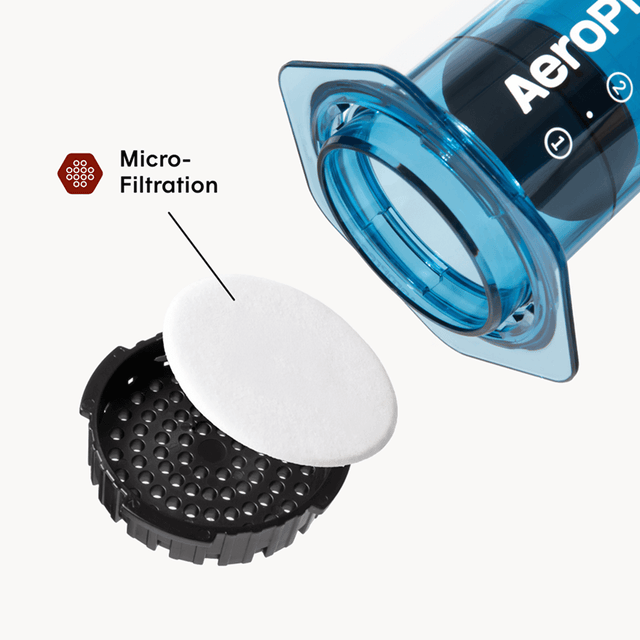 AeroPress coffee maker with filter and micro-filtration component on a white background  #color_blue
