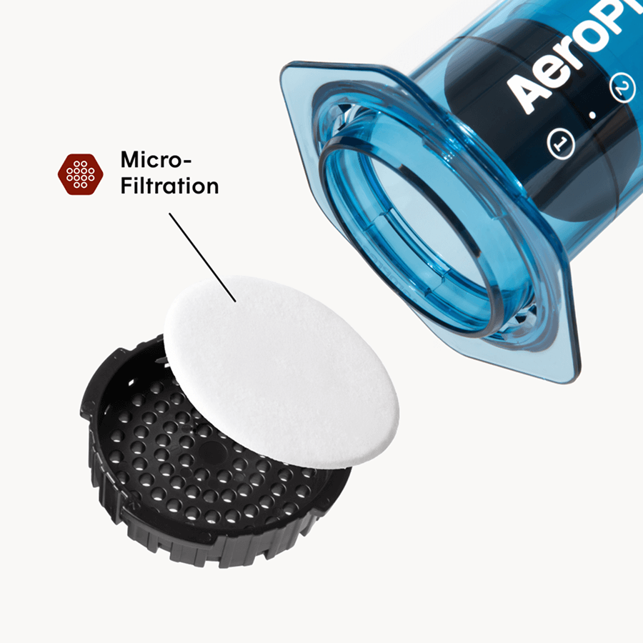 AeroPress coffee maker with filter and micro-filtration component on a white background  #color_blue