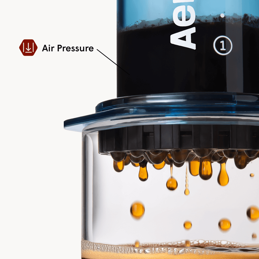 Close-up of a coffee brewing device with coffee dripping, labeled 'Air Pressure'.  #color_blue