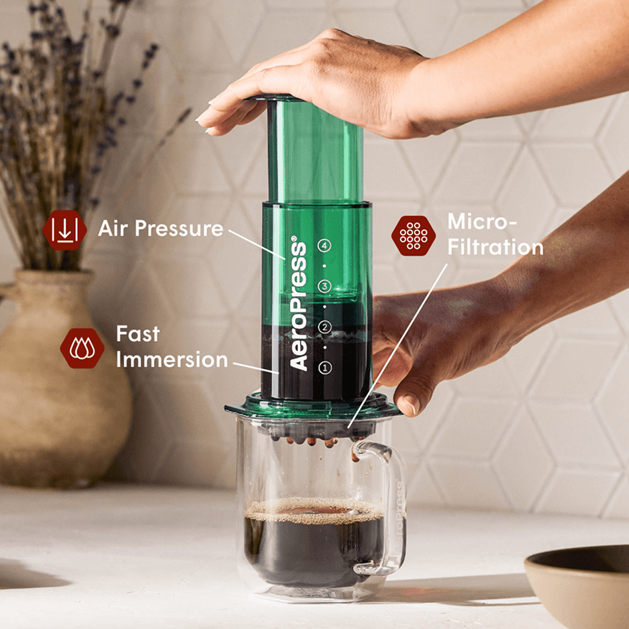 A person using an AeroPress coffee maker with labeled features on a kitchen counter. #color_green