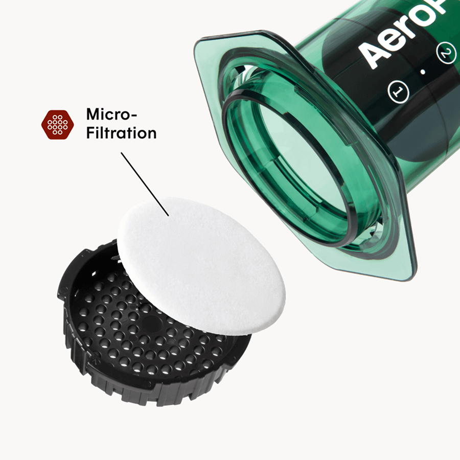 AeroPress coffee maker with a filter and micro-filtration labeled on a white background #color_green