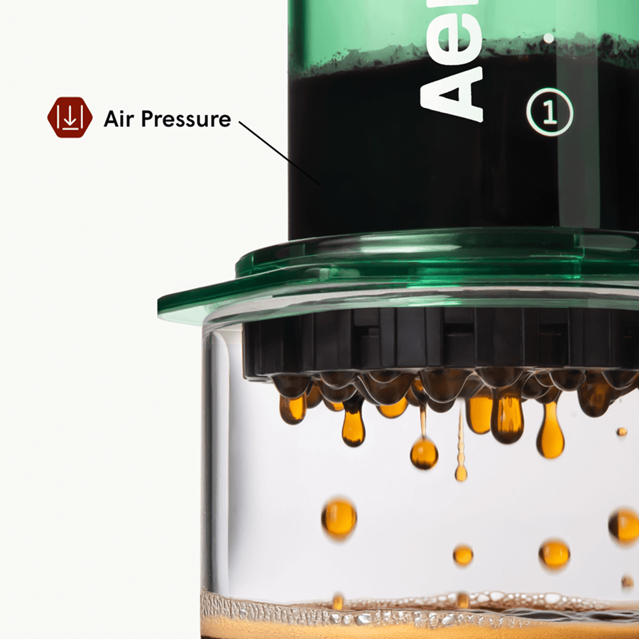 Close-up of a coffee brewing device with air pressure labeled, featuring the brand 'AeroPress'. #color_green
