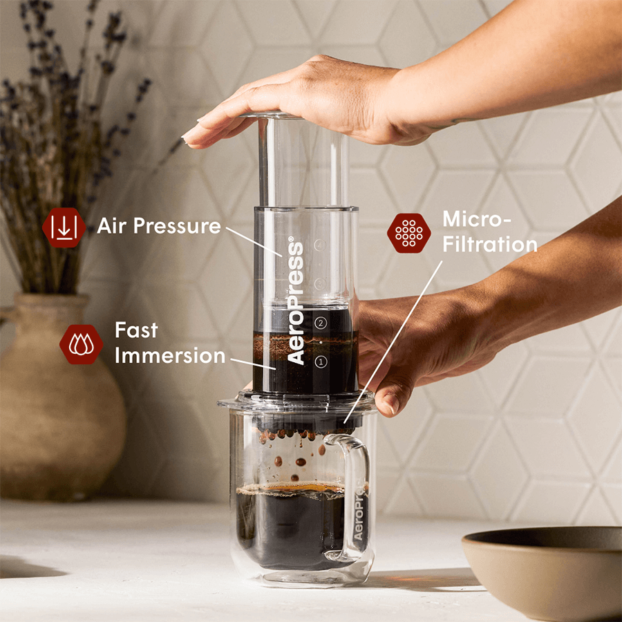 Person using an Aeropress coffee maker with labeled features on a kitchen counter. 