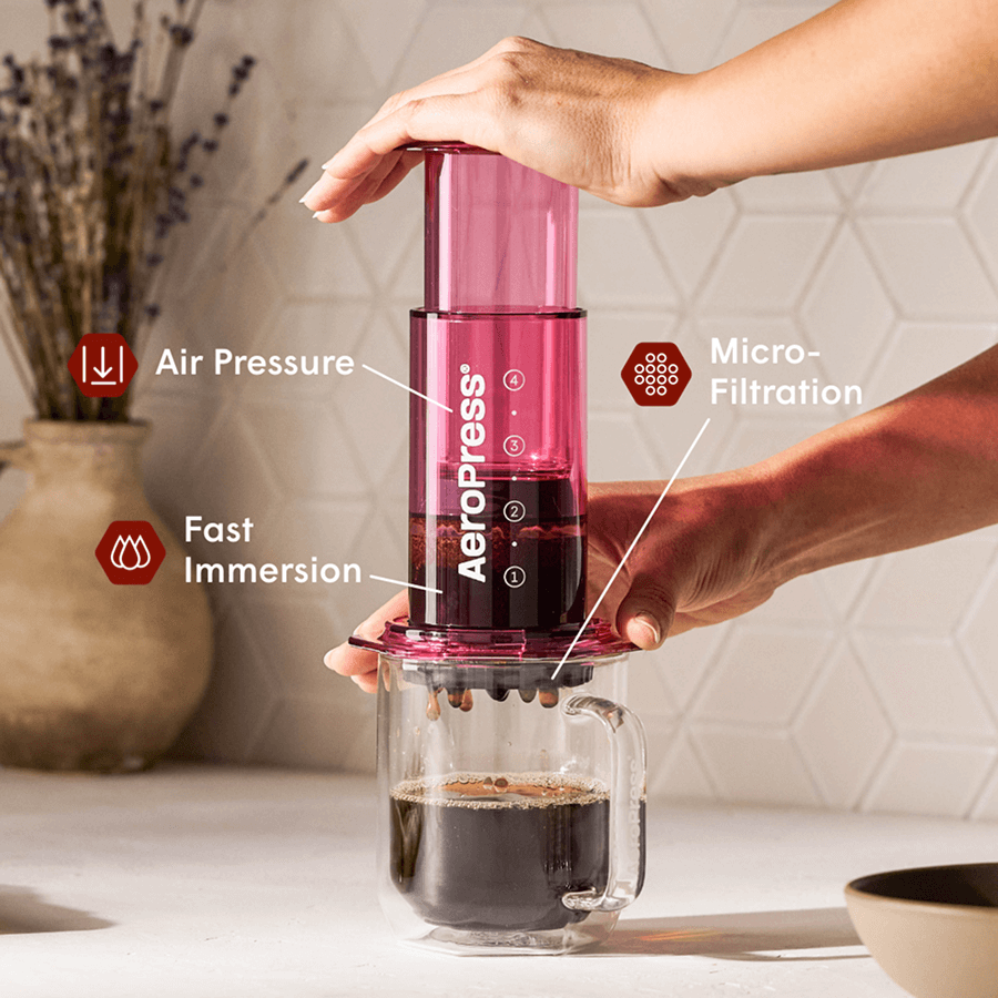 Person using a red Aeropress coffee maker with labeled features on a kitchen counter. #color_pink