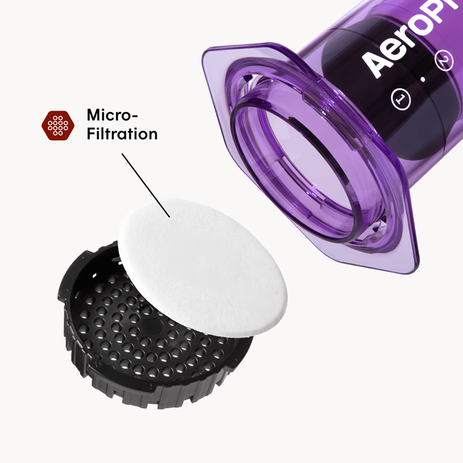 Purple and black coffee filter with 'Aeropress' branding and text indicating 'Micro-Filtration'. #color_purple