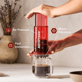 A person using an AeroPress coffee maker with labeled features on a kitchen counter. #color_red