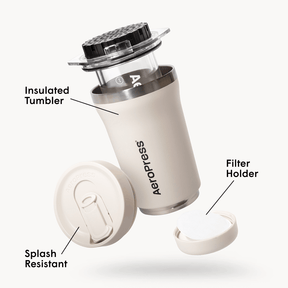 AeroPress Go Plus coffee maker with labeled parts on a white background #color_cream