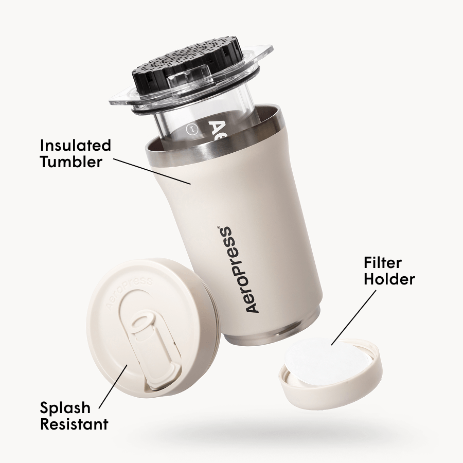 AeroPress Go Plus coffee maker with labeled parts on a white background #color_cream