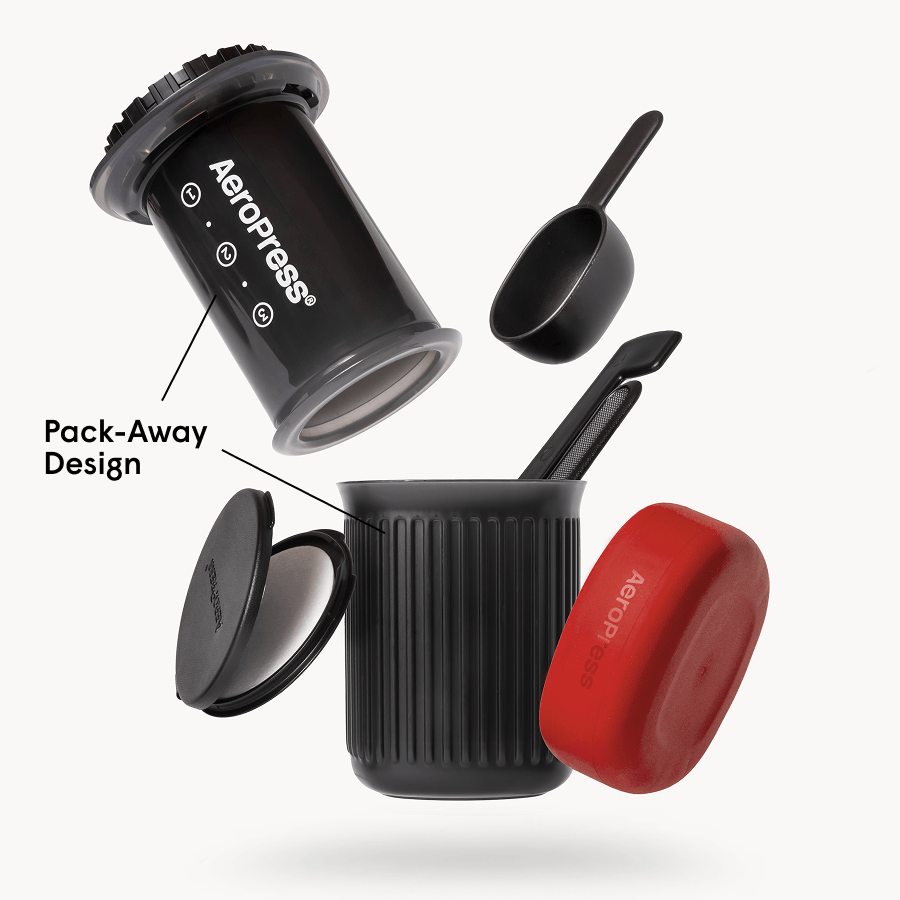 AeroPress Go coffee maker components on a white background