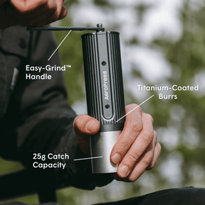 AeroPress Manual Coffee Grinder with call outs on features
