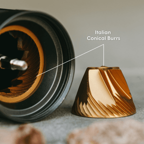 AeroPress Manual Coffee grinder with Italian conical burrs and a close-up of the burr on a neutral background.