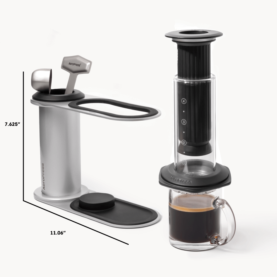 Coffee brewing device with dimensions labeled on a white background  #color_black