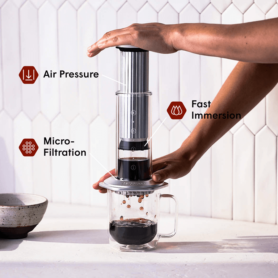 Person using an AeroPress Premium coffee maker with text labels on air pressure, fast immersion, and micro-filtration. 
