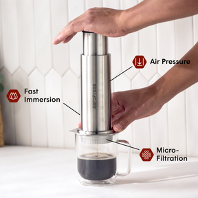 A person using an AeroPress coffee maker with labeled features on a white background. #color_silver