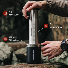A person holding an AeroPress Steel coffee maker with labeled features on a natural background. #color_silver